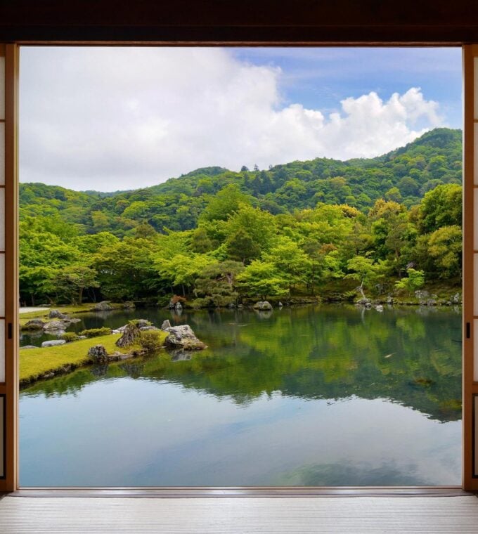 Japanese sliding doors and beautiful pond garden