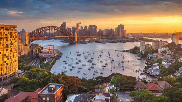 Sydney. Cityscape image of Sydney, Australia with Harbour Bridge and Sydney skyline during sunset.