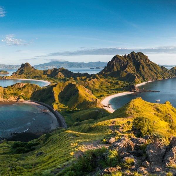 Top view of 'Padar Island', a dramatic spit of mountainous land and arched sandy coves, in a morning from Komodo Island