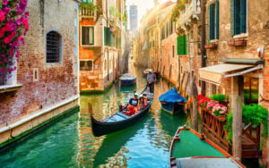 Flowers on a canal in Venice, Italy