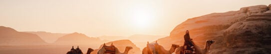 A camel train being driven across the red sands of the Wadi Rum desert in Jordan, with the sun low on the horizon casting long shadows across the sand