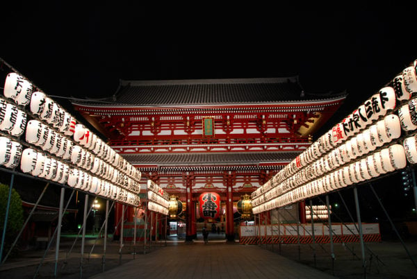 Asakusa temple red and white traditional Japanese temple with paper lanterns in Tokyo, Japan