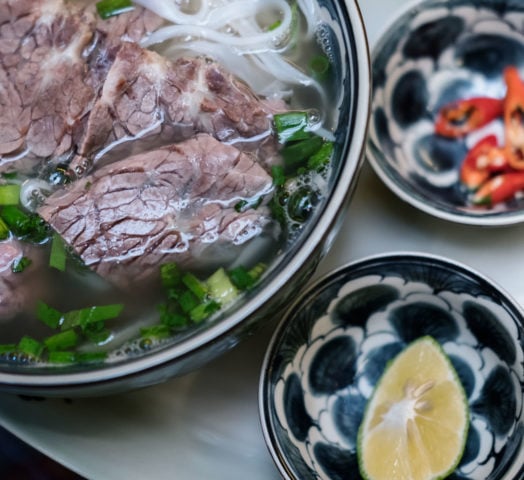 Pho Bo, Vietnamese Beef Noodle Soup, Lime and Chili Peppers