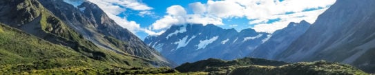 Boardwalk through the mountainous landscape of the Hooker Valley Track, Mount Cook National Park, in summer