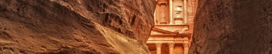 View of Sig in Petra, Jordan, from between the two red rock faces at the entrance