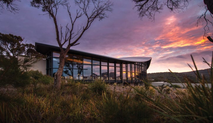 Exterior view of Saffire Freycinet, Tasmania, Australia at sunrise