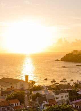 Sunset over the city and ocean at Salvador, Bahia, Brazil