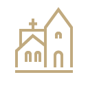 Vector art of a church drawn in bold gold lines