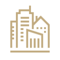 Vector line art of a city, with skyscrapers drawn in bold gold lines