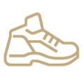 A side facing vector image of a hiking trainer shoe, drawn in bold golden linework