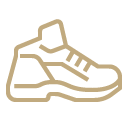 A side facing vector image of a hiking trainer shoe, drawn in bold golden linework