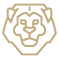 A front facing vector art of a lion face drawn in bold gold lines