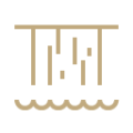 A vector image of a waterfall drawn in bold, gold line work