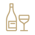 A vector image of a wine glass and wine bottle, drawn in golden bold line work