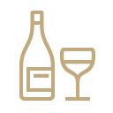 A vector image of a wine glass and wine bottle, drawn in golden bold line work